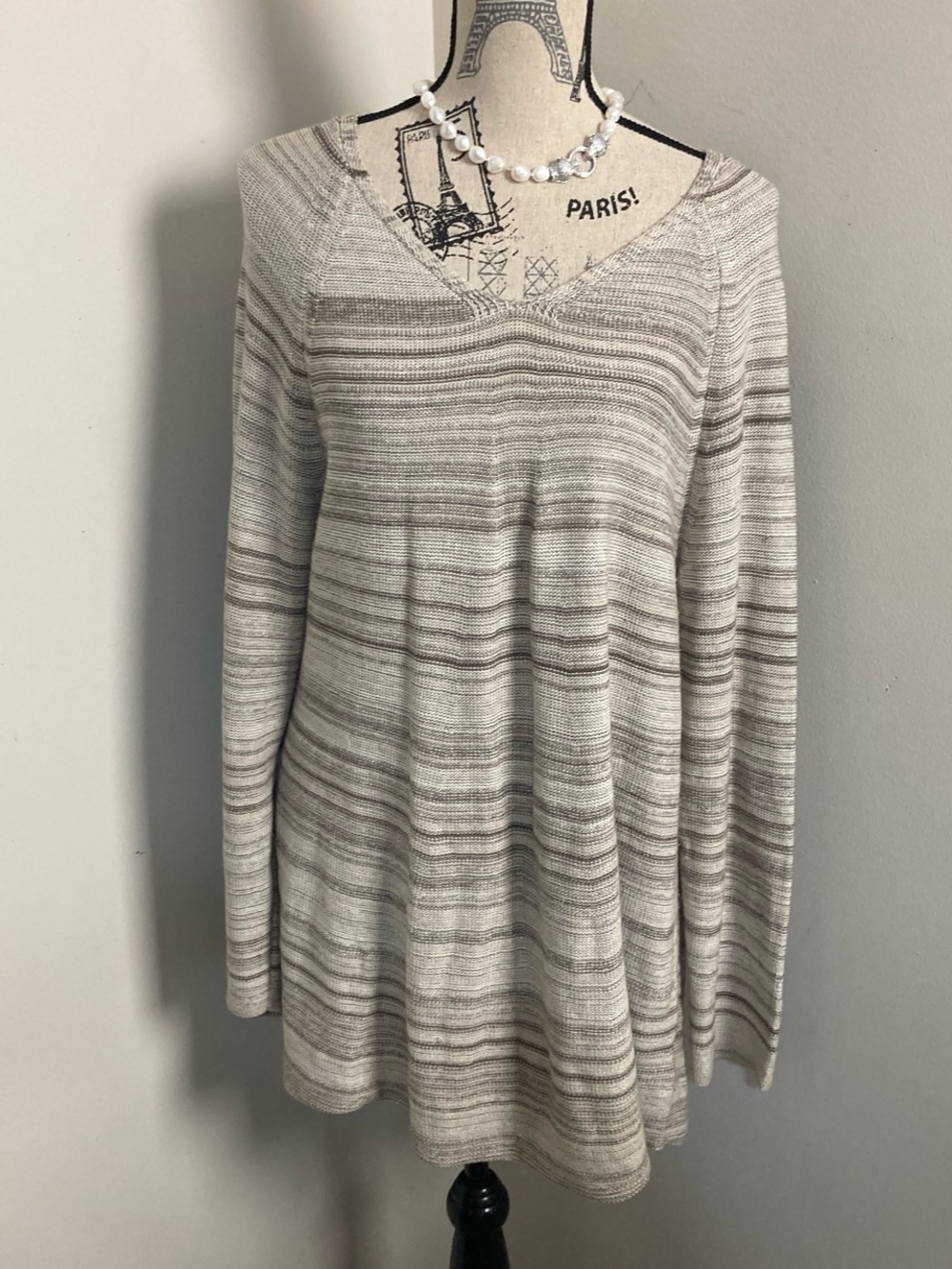 Style & Co. Cream with Brown Stripes V-Neck Long Sleeves Sweater